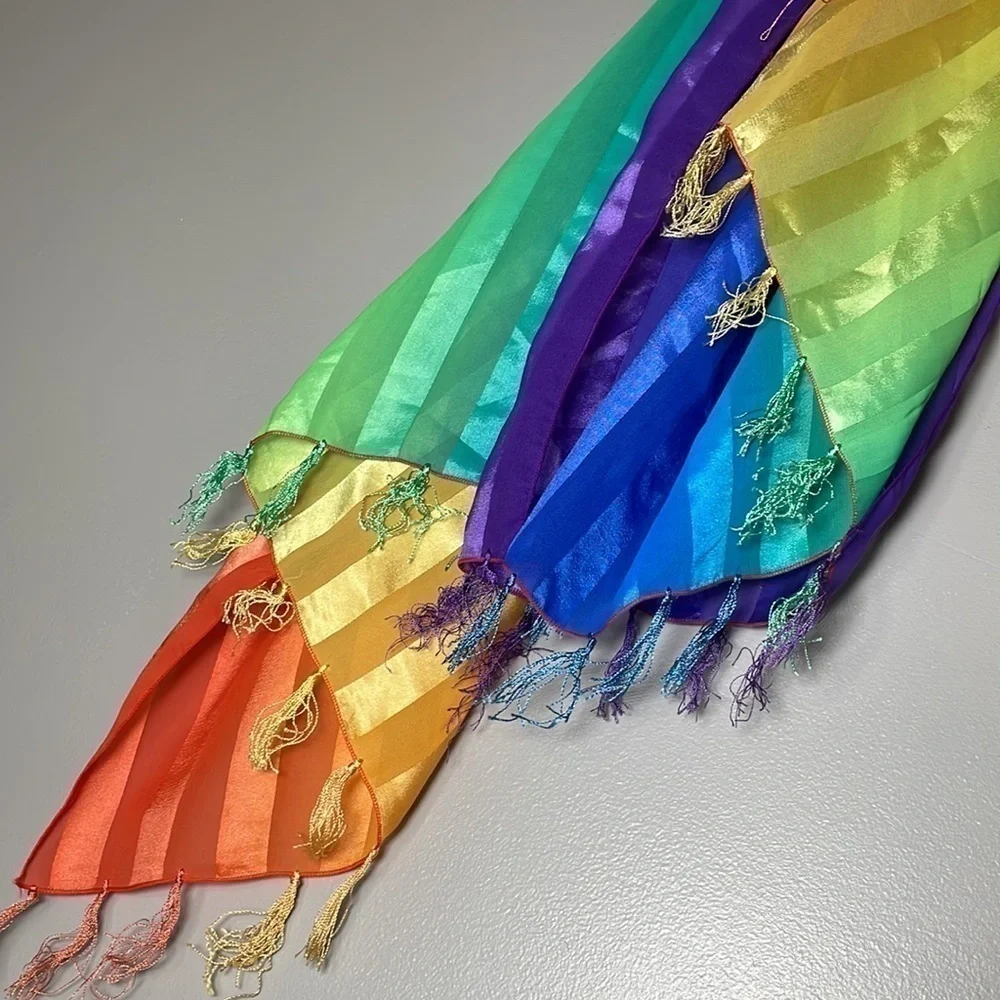RAINBOW 🌈 SCARF | RAINBOW STRIPED SHEEN AND SHEER SCARF WITH FRINGE, 40”X60”